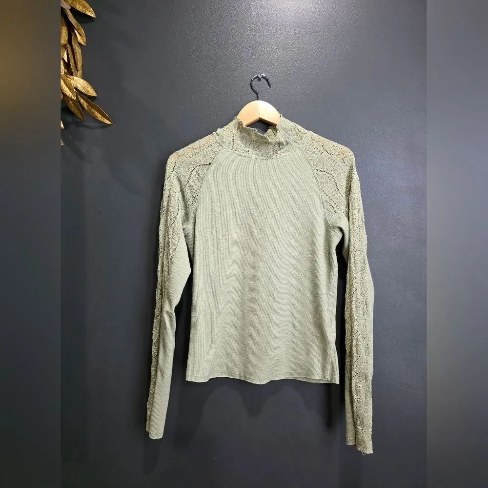 Free People Green High Neck Lace Frankie Cuff Long Sleeve Top Sz XL